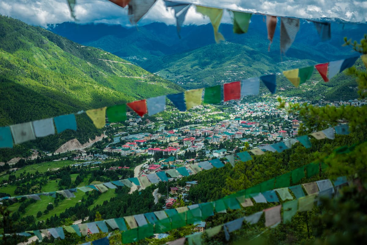 Thimphu Valley Bhutan – Aerial View of Bhutan's Capital City Thimphu with Tashichho Dzong and Wang Chhu River